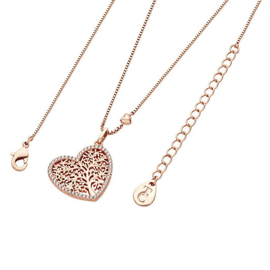 Rose Gold Tol Pave Heart Pendant by Tipperary  Crafted in rose gold, a tree of life sits within a crystal encrusted heart shape, this pretty pendant suspends from a cable chain which features a beautiful rose gold heart positioned just above the suspending pendant. This piece secures safely with a lobster claw clasp.