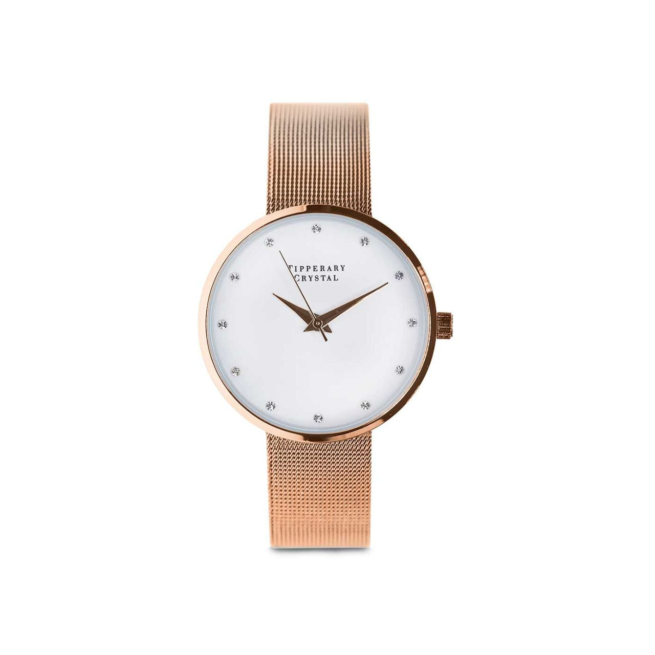 Ultimito Rose Gold Ladies Watch from Tipperary Crystal. The Ultimito watch and its rose gold plated stainless steel mesh strap works in perfect harmony with the elegant and understated white face. Inset with twelve crystals the rose gold plated hands create the most elegant of timepieces. Each watch has a twelve month warranty.