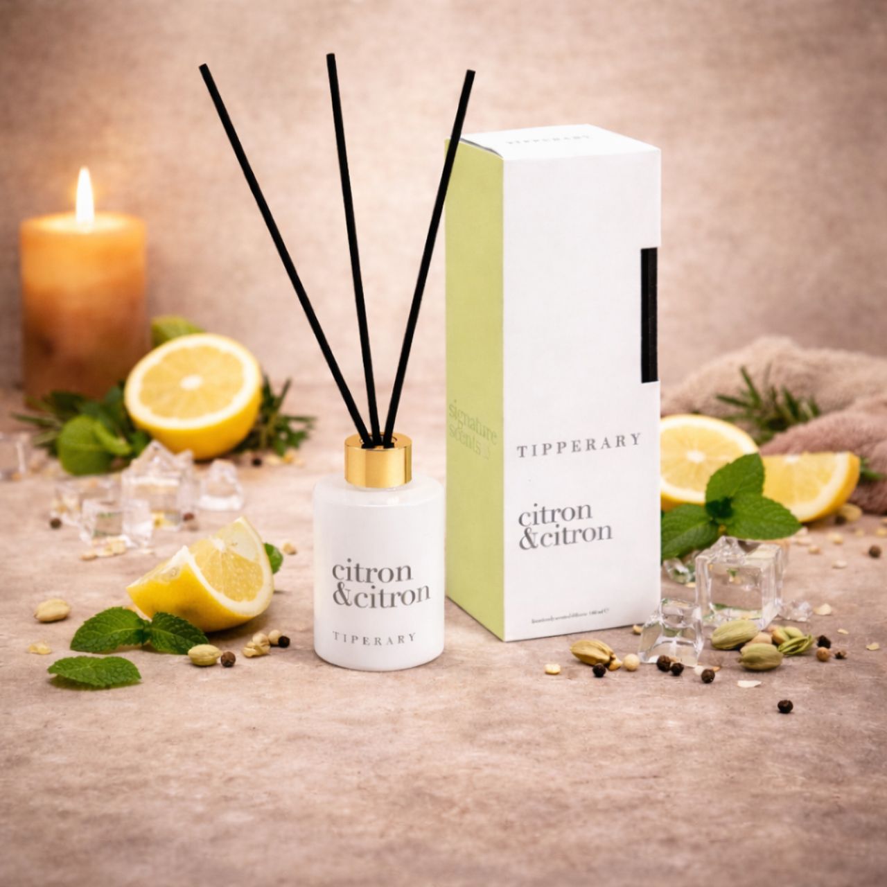 Invigorate your living spaces with the Tipperary Signature Scents Citron &amp; Citron Diffuser. This 100ml fragrance captures the essence of sun-ripened citrus, delivering a sophisticated blend of crisp, uplifting notes that awaken the senses.