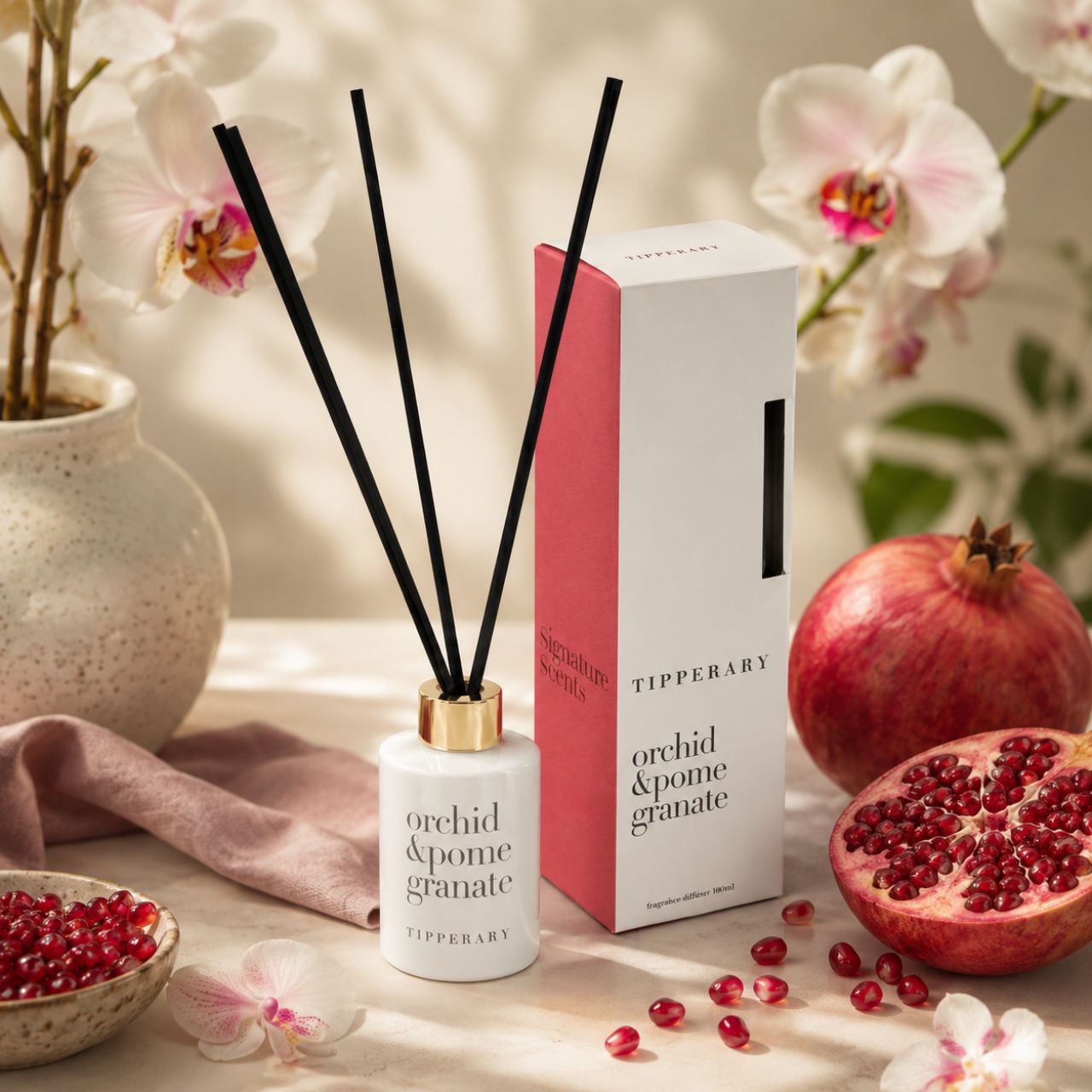 Tipperary's Signature Scents Orchid &amp; Pomegranate Diffuser delivers an elegant fragrance experience with delicate orchid and sweet pomegranate notes. 