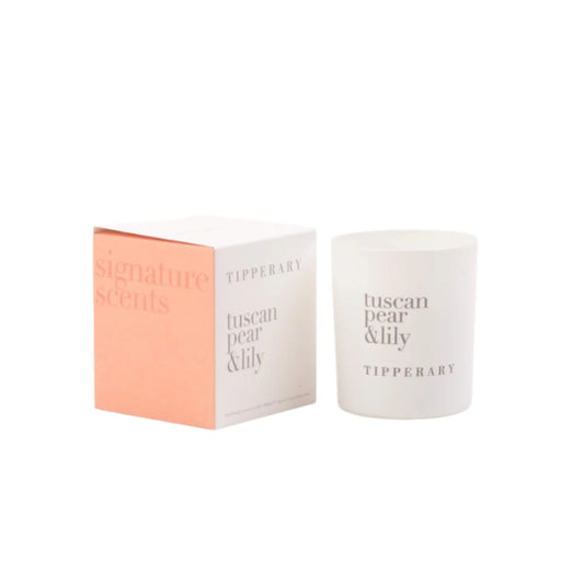 The Tipperary Signature Scents Tuscan Pear and Lily 180gm Candle brings a delightful fragrance to any space with its pleasant blend of scents.