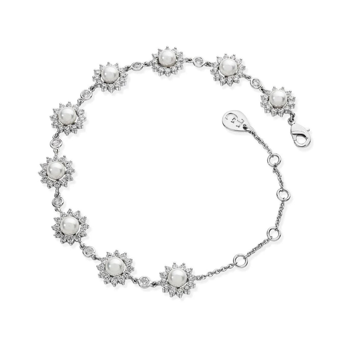 Beautifully classic, this stunning silver station bracelet will complement any attire. Nine luminous, white pearls sit centred in the flower inspired sunbursts, surrounded by a halo of shimmering clear, round crystals.