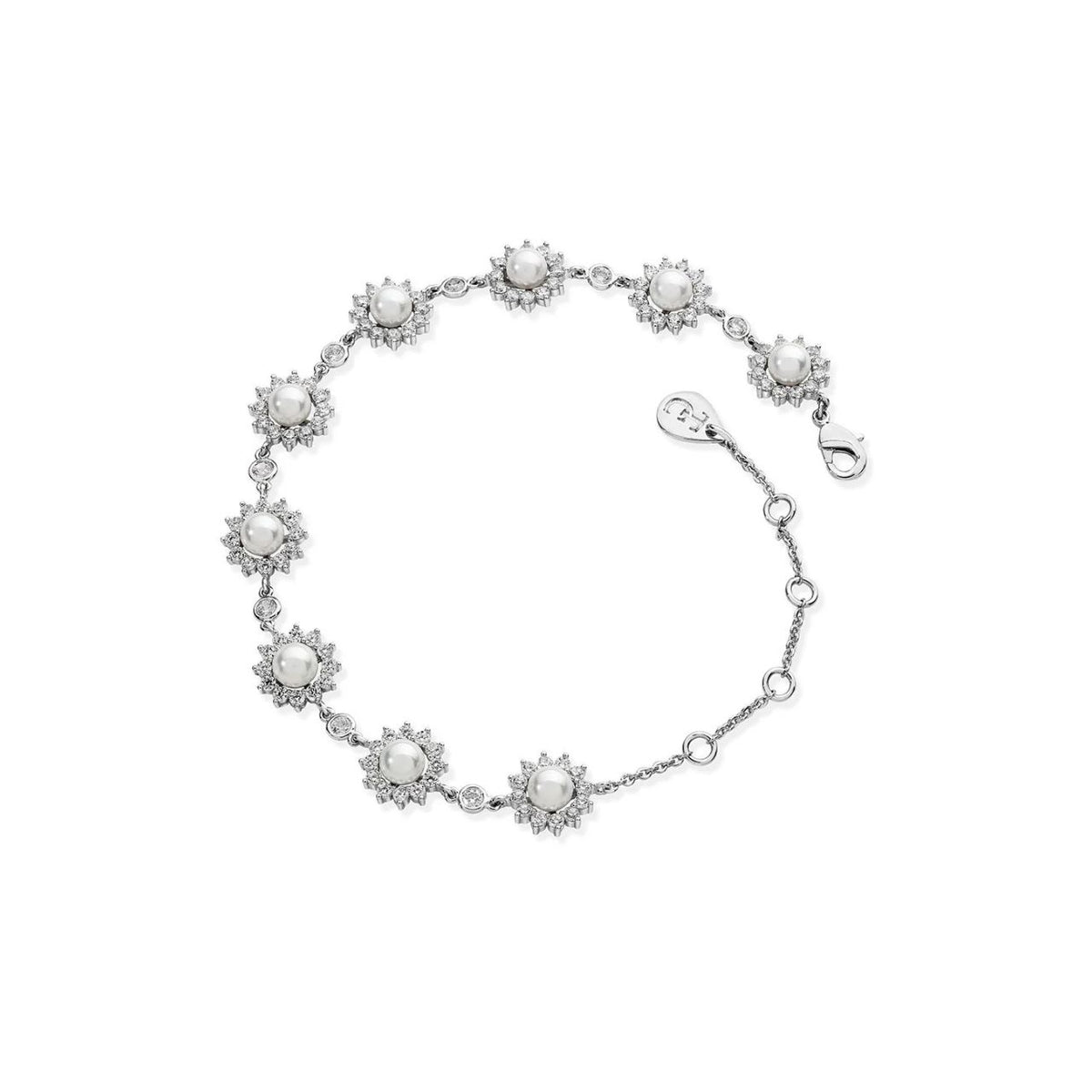 Beautifully classic, this stunning silver station bracelet will complement any attire. Nine luminous, white pearls sit centred in the flower inspired sunbursts, surrounded by a halo of shimmering clear, round crystals.