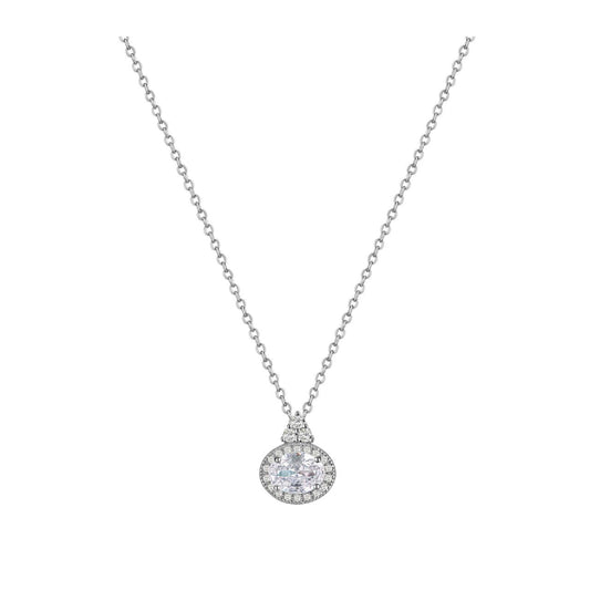 Elegant silver pendant featuring a classic oval clear stone set within a sparkling clear crystal surround.