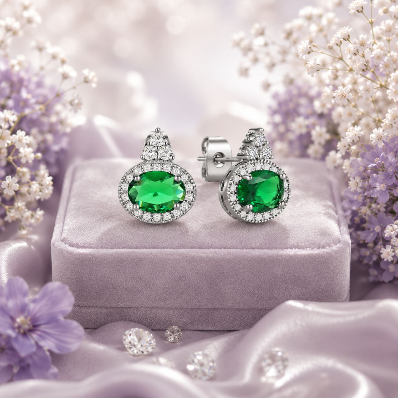 Elegant silver earrings featuring stunning oval emerald stones, crafted by Tipperary. These classic pieces combine timeless design with the natural beauty of genuine emeralds, perfect for adding a touch of sophistication to any occasion.
