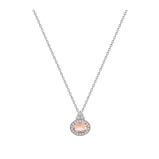 Elegant silver pendant featuring a striking oval pink stone framed by a sparkling clear crystal surround.