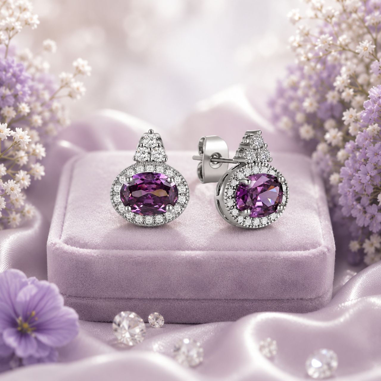 Elegant silver earrings featuring classic oval-cut purple stones, crafted by Tipperary. These timeless pieces combine sophisticated design with quality craftsmanship, perfect for adding a touch of colour and refinement to any occasion.