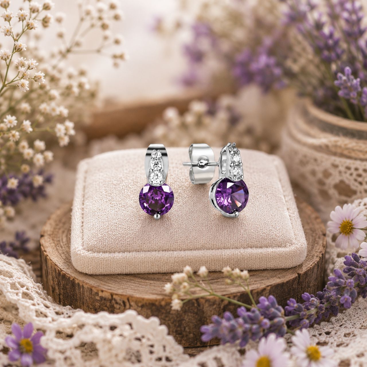 Elegant silver earrings featuring a classic round purple stone set in a decorative pave bale. Crafted by Tipperary, these timeless pieces combine sophisticated design with quality craftsmanship. 