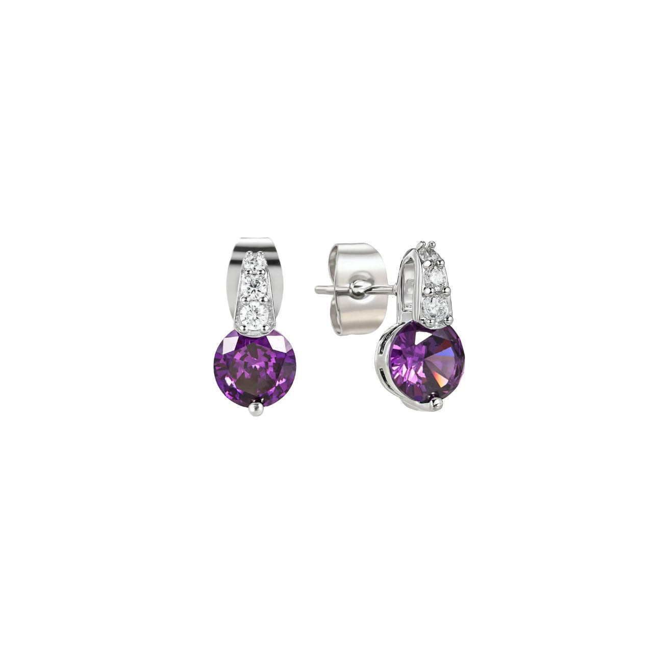 Elegant silver earrings featuring a classic round purple stone set in a decorative pave bale. Crafted by Tipperary, these timeless pieces combine sophisticated design with quality craftsmanship.