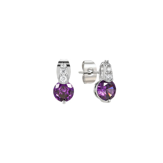 Elegant silver earrings featuring a classic round purple stone set in a decorative pave bale. Crafted by Tipperary, these timeless pieces combine sophisticated design with quality craftsmanship.