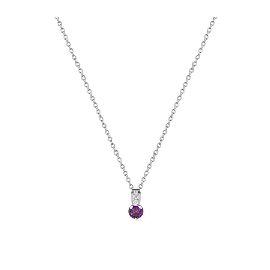 Elevate your jewellery collection with this stunning Tipperary Silver pendant. Featuring a classic round purple stone set in a polished silver frame, the intricate pave bale adds sophisticated sparkle and dimension.