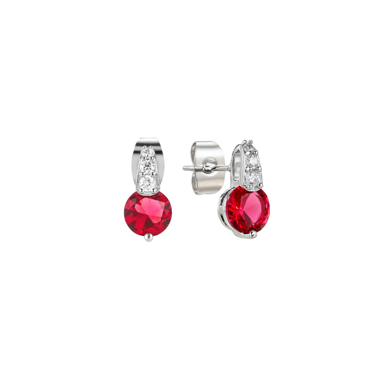 Elegant silver earrings featuring a classic round ruby stone set in a delicate pave bale design. Crafted by Tipperary, these timeless pieces combine vibrant red gemstones with refined sterling silver work, perfect for adding a touch of sophistication to any occasion. 