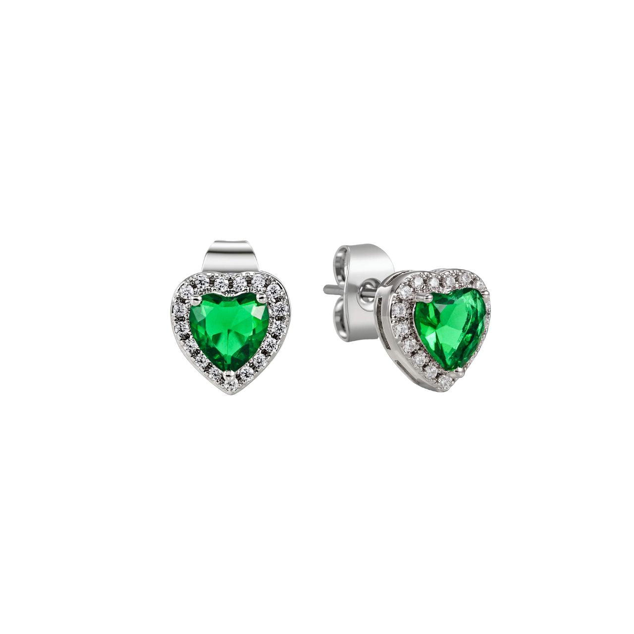Elegant heart-shaped earrings crafted in silver, featuring sparkling diamond and emerald accents.