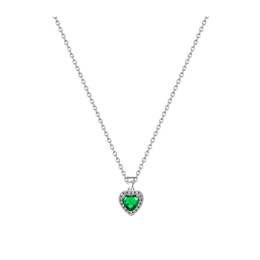 Elegant silver pendant featuring a heart design adorned with sparkling diamonds and a rich emerald stone.