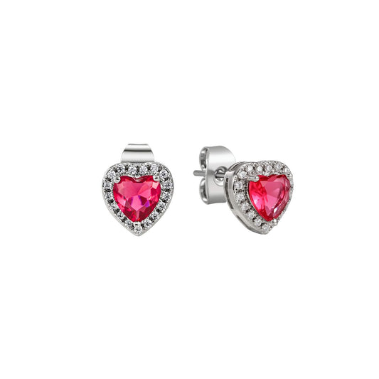 Elegant heart-shaped earrings crafted in silver, adorned with sparkling diamonds and rich ruby gemstones.