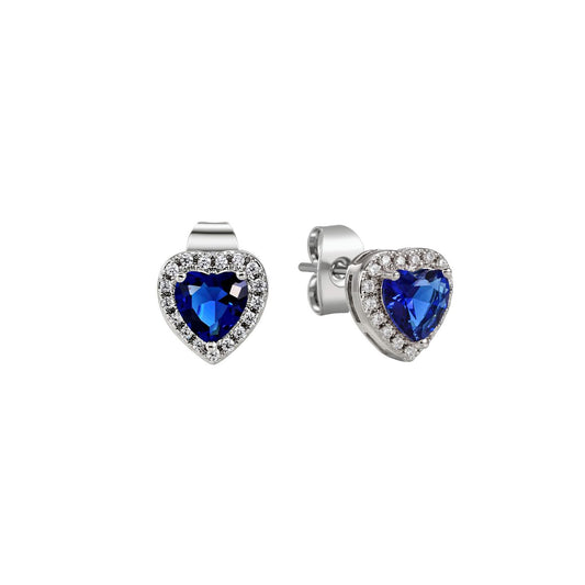 Elegant heart-shaped earrings crafted in sterling silver, featuring sparkling diamond, emerald, and sapphire stones.