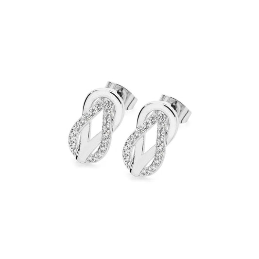 Expertly crafted in sleek silver, these inﬁnity inspired earrings are a very dimensional look featuring two sleek linking tear-drop shaped elements. Two interlocking loops, one sleekly polished, and the other completely lined with clear crystal accents are joined harmoniously in an everlasting embrace. These unique eye catching post earrings captivate with their sparkle and brightly polished shine. They secure comfortably with push backs.