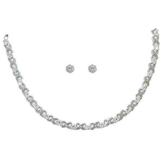 Silver Necklace X&O And Earrings 6mm by Tipperary  Making an impressive statement of love, this sassy necklace is fashioned in timeless silver. The design features a scintillating row of hugs and kisses in a stylised "XO" fashion. A series of clear, oval crystals replaces each "O," while beautiful crystal pavé accents and a beaded detail decorate the whimsical "X" shapes in between.