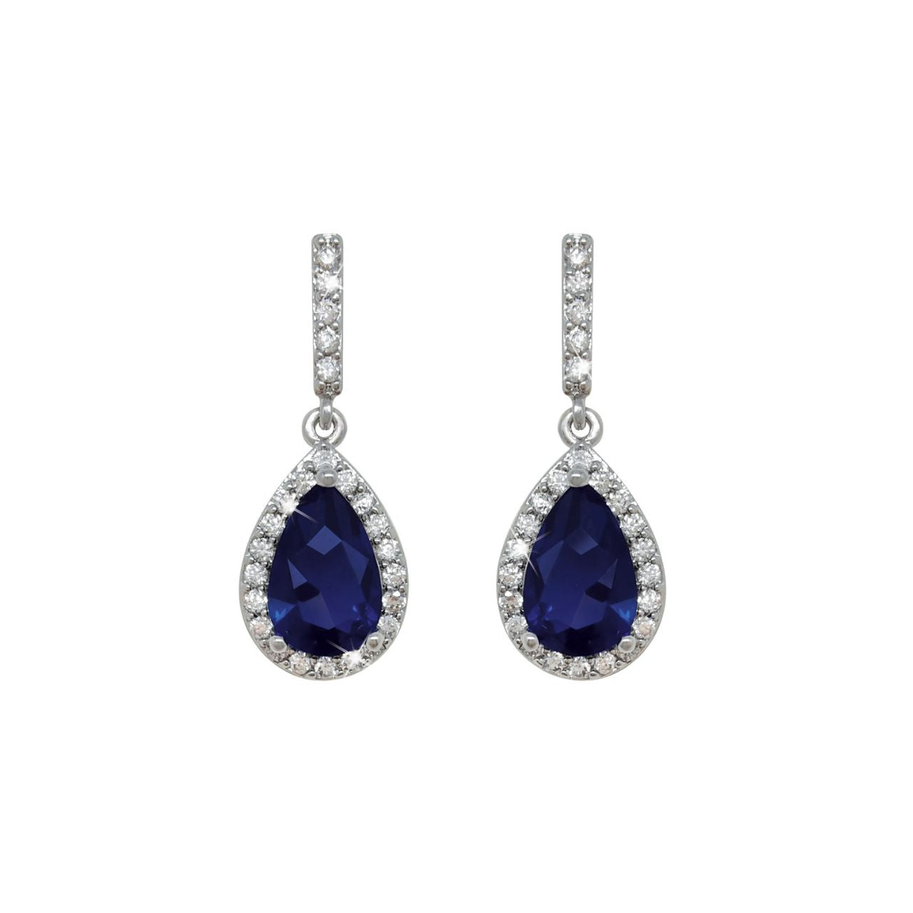 Elegant and dramatic, these exquisite drop earrings are sure to be a favourite. Shimmering with beauty and sophistication they are created in timeless silver. Each dazzling design glistens endlessly with a sparkling pear-shaped centre stone bordered with a halo frame of luminous clear crystals accents. Additional round, clear crystals line the earring's linear bale. Polished to a brilliant shine, these dazzling drops suspend from a secure post and close comfortably with push backs.