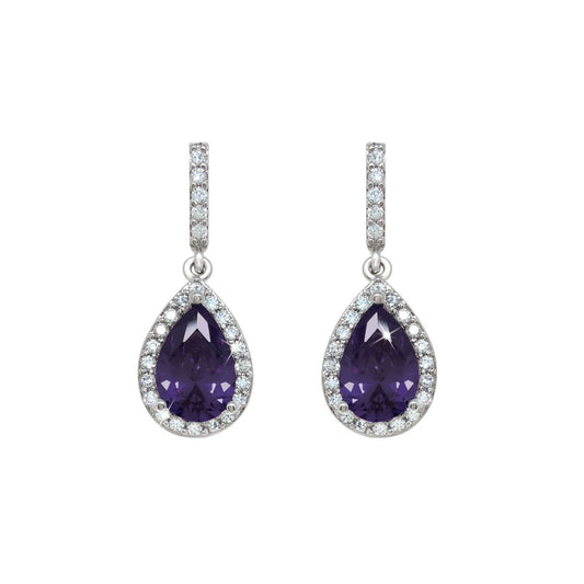 Silver Pear Shape Earrings - Purple by Tipperary  Elegant and dramatic, these exquisite drop earrings are sure to be a favourite. Shimmering with beauty and sophistication they are created in timeless silver. Each dazzling design glistens endlessly with a sparkling pear-shaped centre stone bordered with a halo frame of luminous clear crystals accents.