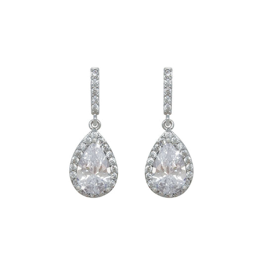 Silver Pear Shape Drop Earrings White by Tipperary  Elegant and dramatic, these exquisite drop earrings are sure to be a favourite. Shimmering with beauty and sophistication they are created in timeless silver. Each dazzling design glistens endlessly with a sparkling pear-shaped centre stone bordered with a halo frame of luminous clear crystals accents.