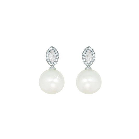 These elegant pearl and crystal post earrings are a captivating look. Fashioned in elegant silver, each shimmering earring highlights a luminous pearl topped by a marquise-shaped post lined with a sparkling halo of clear, round crystals. Radiant with a bright polished shine, these demure earrings secure comfortably with friction backs.