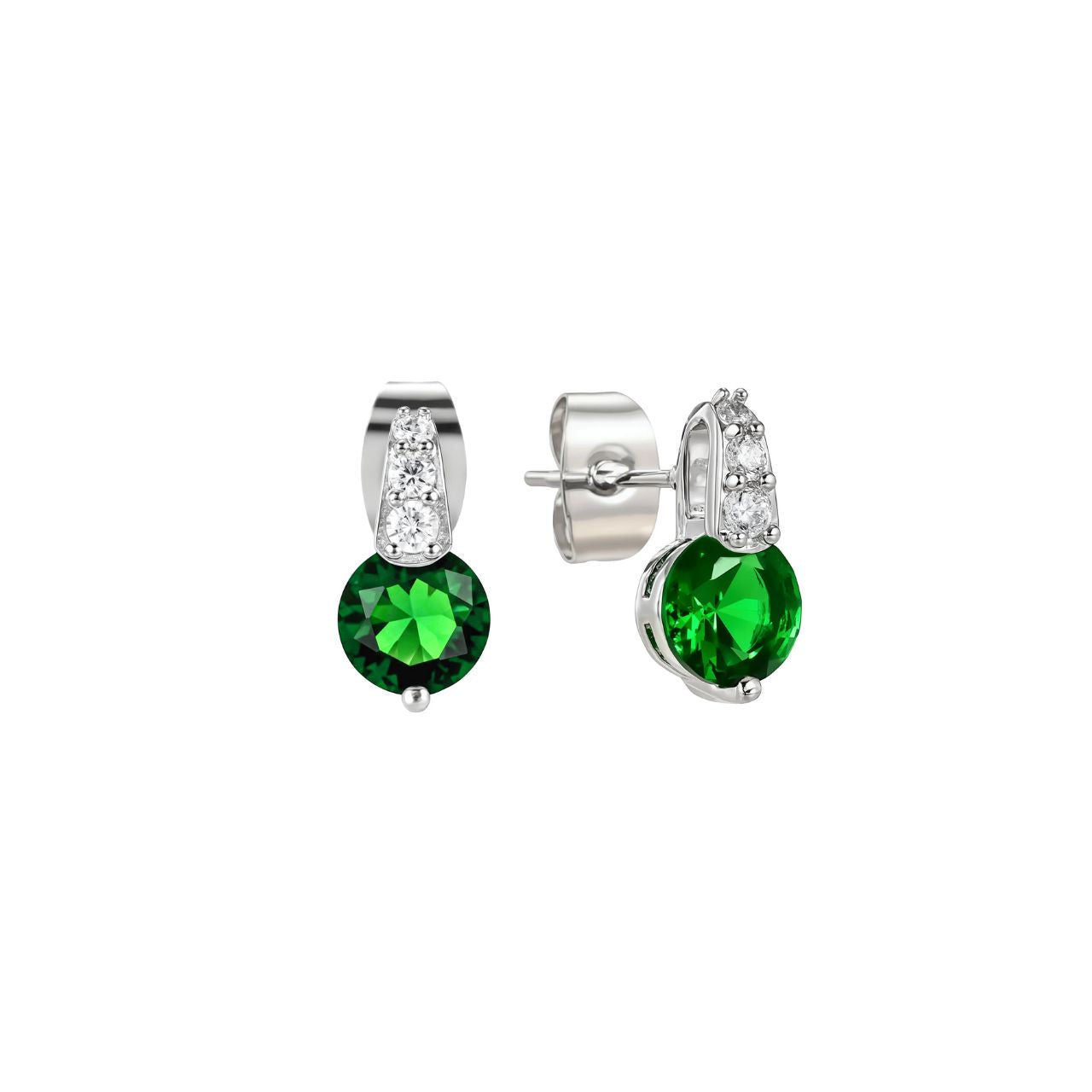 Elegant silver earrings featuring a lustrous round emerald stone set within an intricately detailed pavé bale.