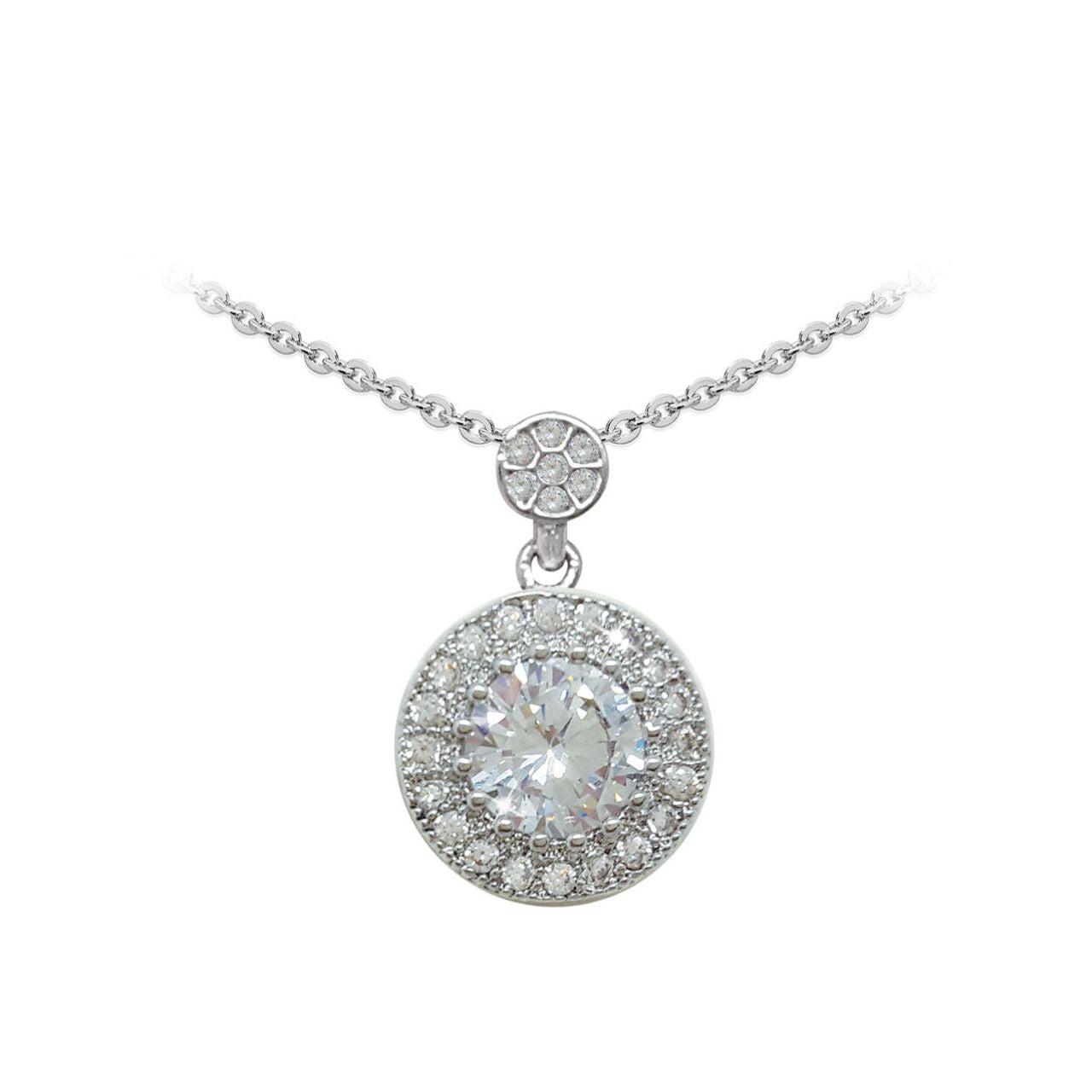 Tipperary Silver Round Pendant Pave Set Set Surround  A romantic choice that will be cherished forever, this vintage-inspired pendant is certain to become a favourite. Crafted in timeless silver, the circle pendant features a large round crystal centre-stone and an intricate milgrain detail that shimmers with a halo frame of smaller set clear crystals.