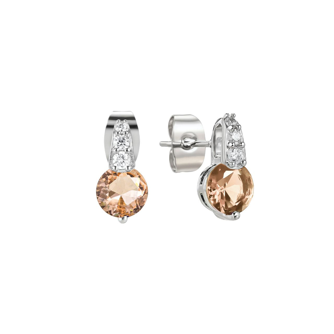 Elegant silver earrings featuring a stunning round pink stone set in a delicate pave bale. Crafted by Tipperary, these timeless pieces combine classic design with contemporary sparkle.