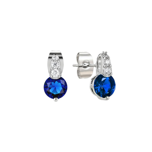 Elegant sapphire earrings crafted in silver, featuring round sapphire stones set within a delicate pavé bale design.
