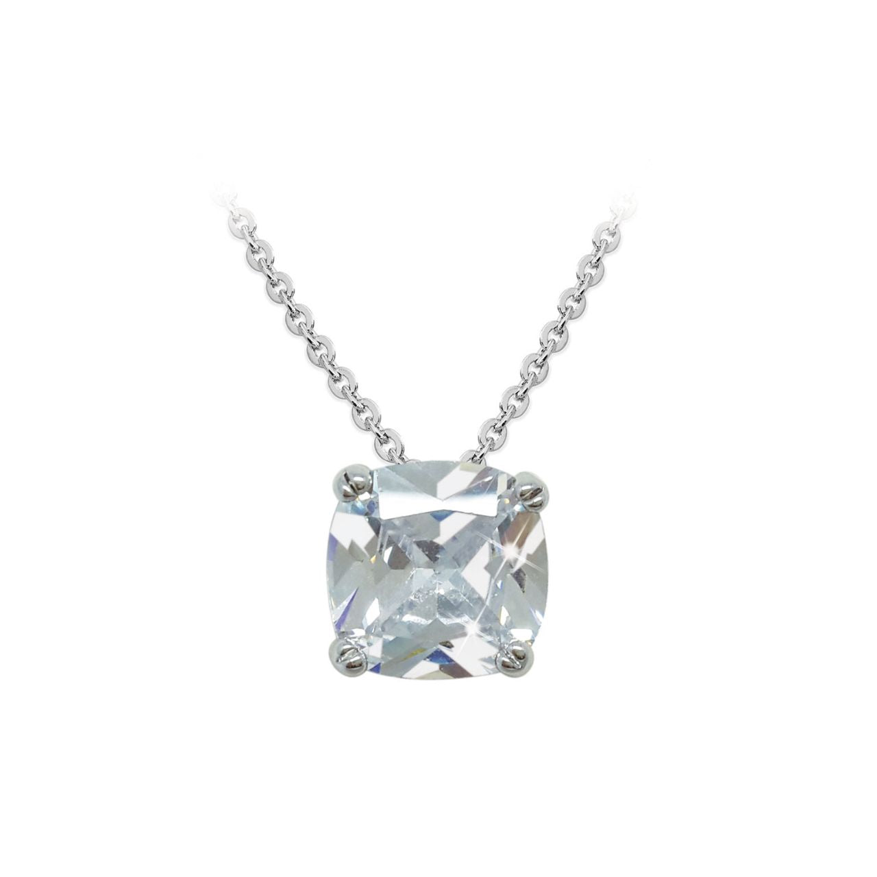 Silver Square Drop Pendant With Clear Stone by Tipperary  Darling and elegant, this simple pendant is truly enchanting. Crafted in cool silver, the sparkling princess-cut solitaire pendant glistens in it’s sleek four prong setting.