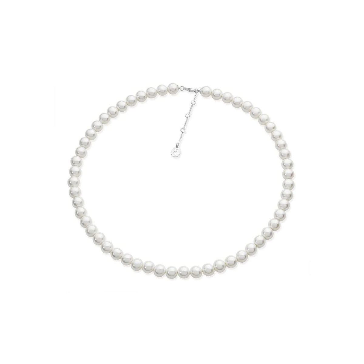The classic string of pearls, a staple piece in every woman’s jewellery box. This piece epitomises chicness. Each white shell pearl is eight mm in diameter, the chain and lobster claw clasp are crafted in silver. The chain has four length options to suit most neck widths. This neckpiece is designed to be worn tightly around the neck.