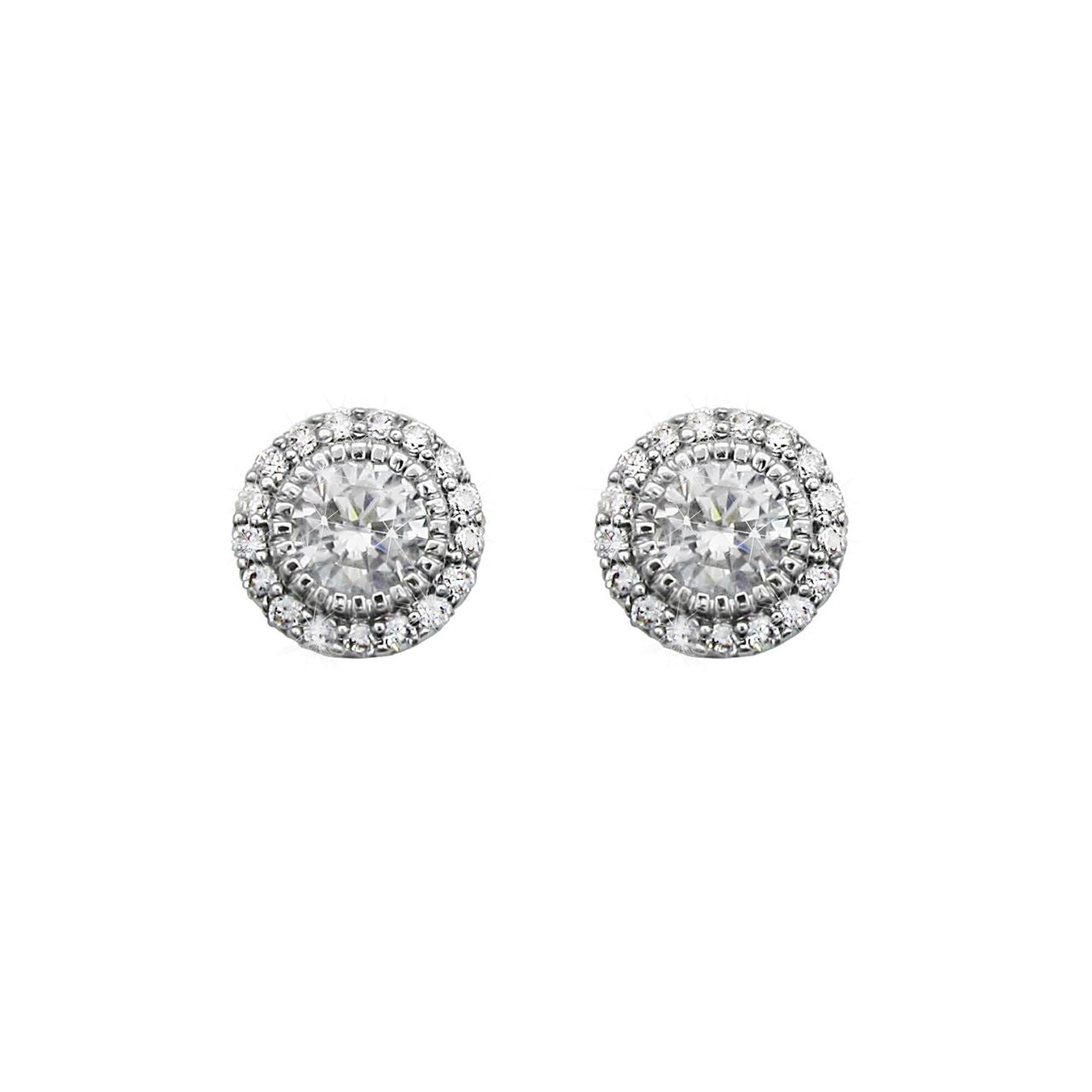 Silver Stud Cz With Pave Surround Earrings by Tipperary Crystal  Perfect for day or evening wear, these elegant crystal post earrings will add sparkle with every turn of the head. Fashioned in timeless silver, each earring features a round cz stone, cut to sparkle and shimmer, wrapped in an embrace of tiny clear crystal accents. A radiant marriage of crystals and cool silver, brilliantly buffed these post earrings secure comfortably with push backs.