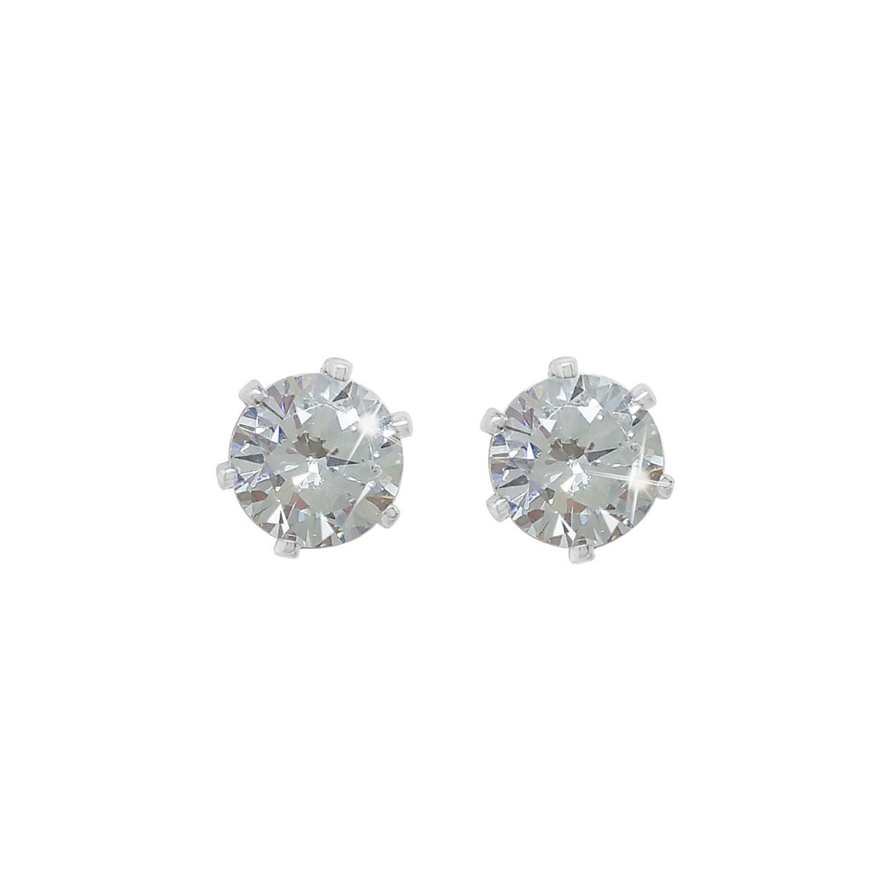 A captivating and impressive look, these dazzling solitaire stud earrings make a stunning accompaniment to any look or any occasion. Fashioned in cool silver each earring showcases a mesmerising clear crystal solitaire in a stylish six prong silver setting. Buffed to a brilliant lustre, these versatile post earrings fasten securely and comfortably with push backs.