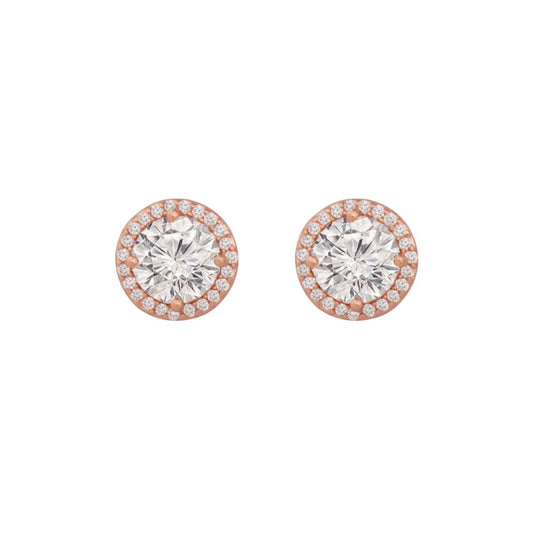 Perfect for day or evening wear, these elegant crystal post earrings will add sparkle with every turn of the head. Fashioned in romantic rose gold, each earring features a round cz stone, cut to sparkle and shimmer, wrapped in an embrace of tiny clear crystal accents. A radiant marriage of crystals and rose gold, brilliantly buffed these post earrings secure comfortably with push backs.