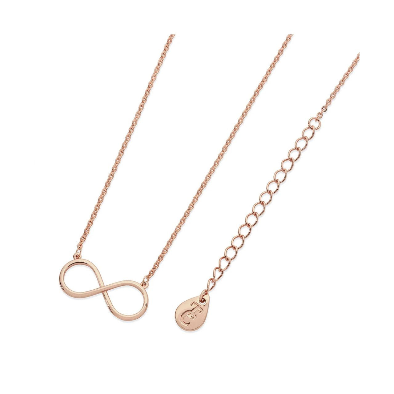 Elegantly simple, this meaningful modern style pendant symbolises eternal love. The design, crafted in warm rose gold features a ﬂowing inﬁnity symbol shape aligned sideways in a graceful swoosh.