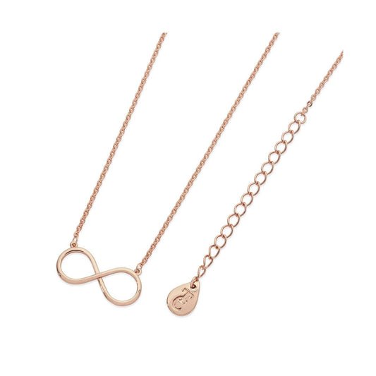Elegantly simple, this meaningful modern style pendant symbolises eternal love. The design, crafted in warm rose gold features a ﬂowing inﬁnity symbol shape aligned sideways in a graceful swoosh.