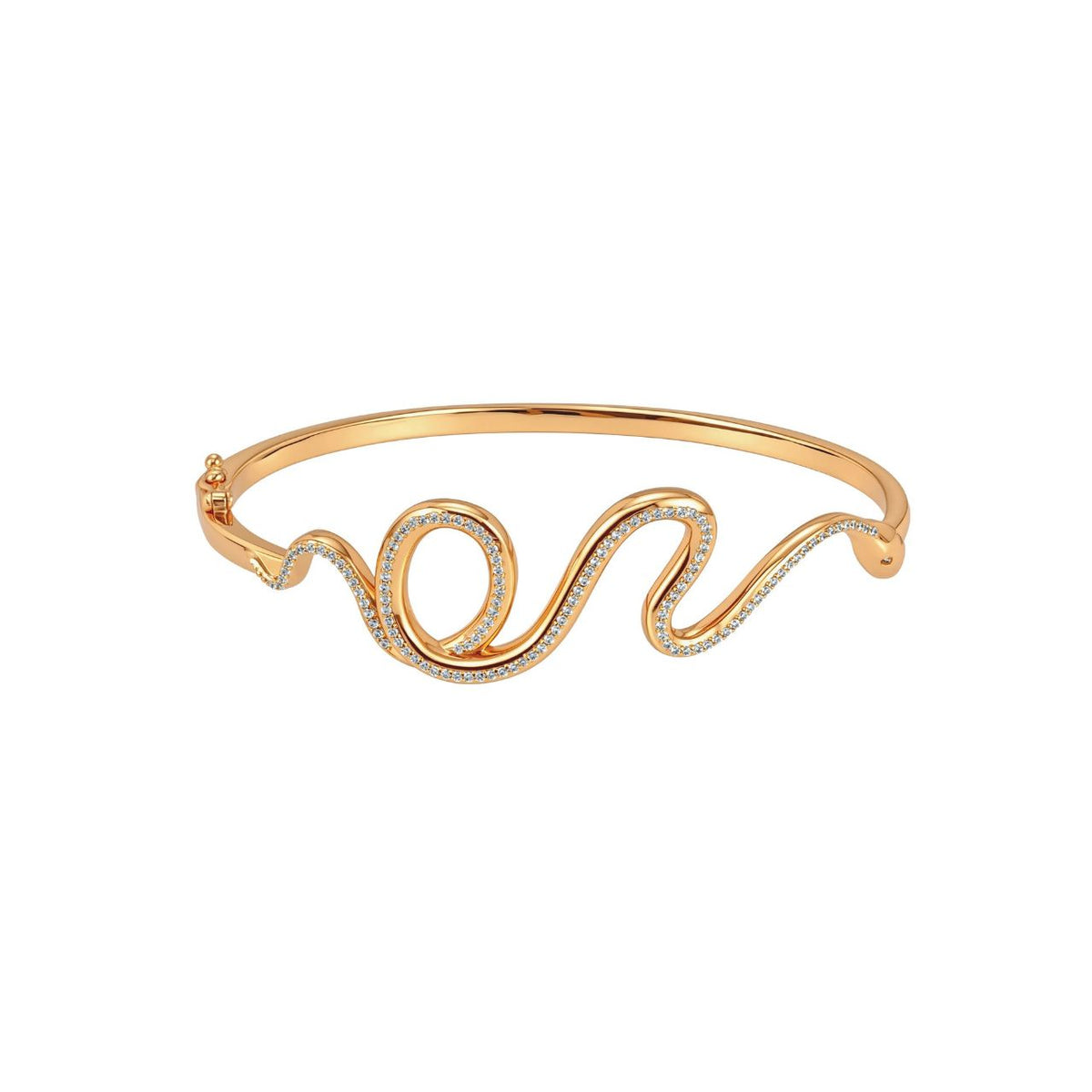 This gold bangle features a winding snake edged with clear stones across the front. It can be worn on its own or stacked with other bangles and bracelets from the Snake collection. It secures with a hinged clasp.