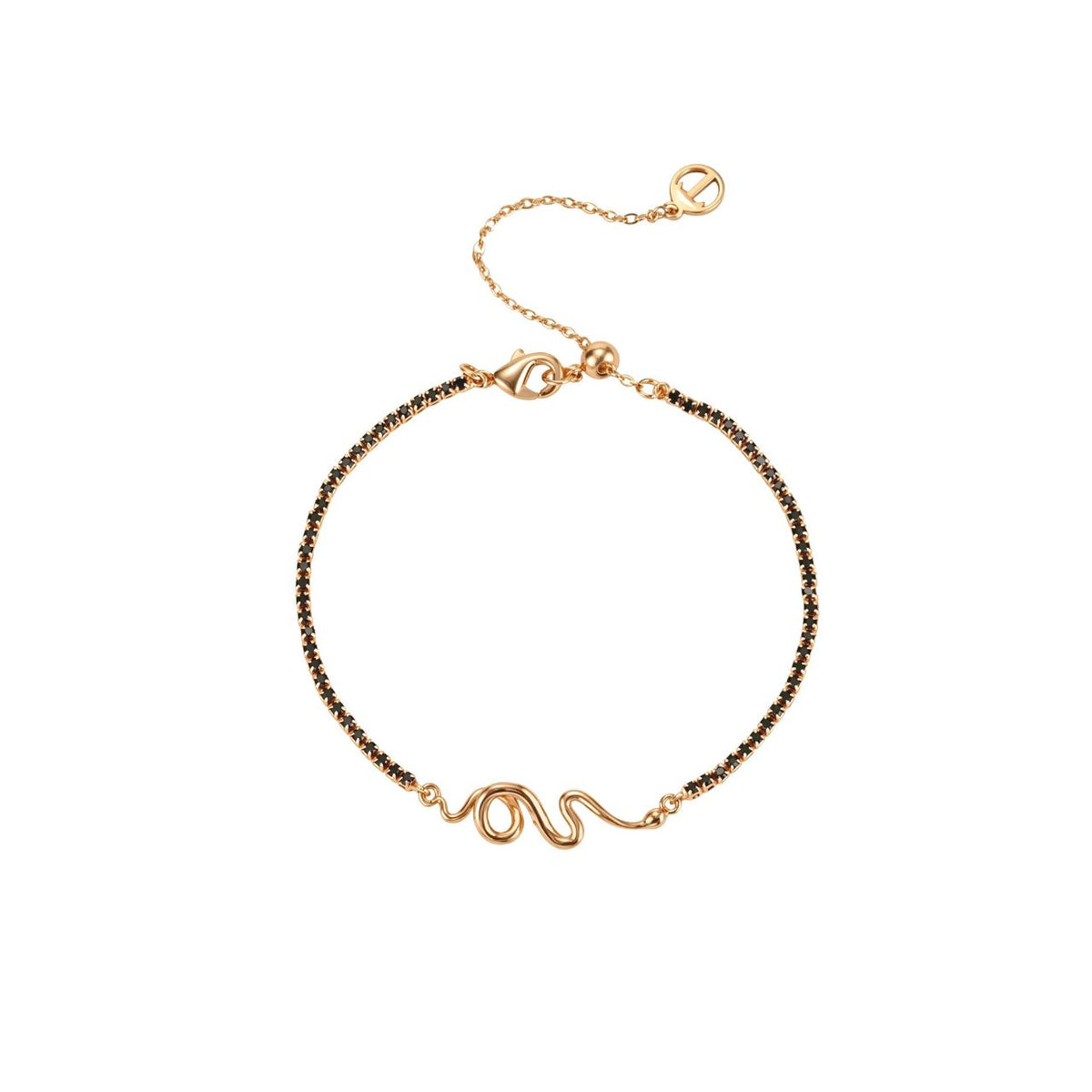 This gold bracelet features a line of black stones with a polished winding snake at the centre. The black against the gold gives it a bold, modern look. It secures with an adjustable lobster claw clasp.
