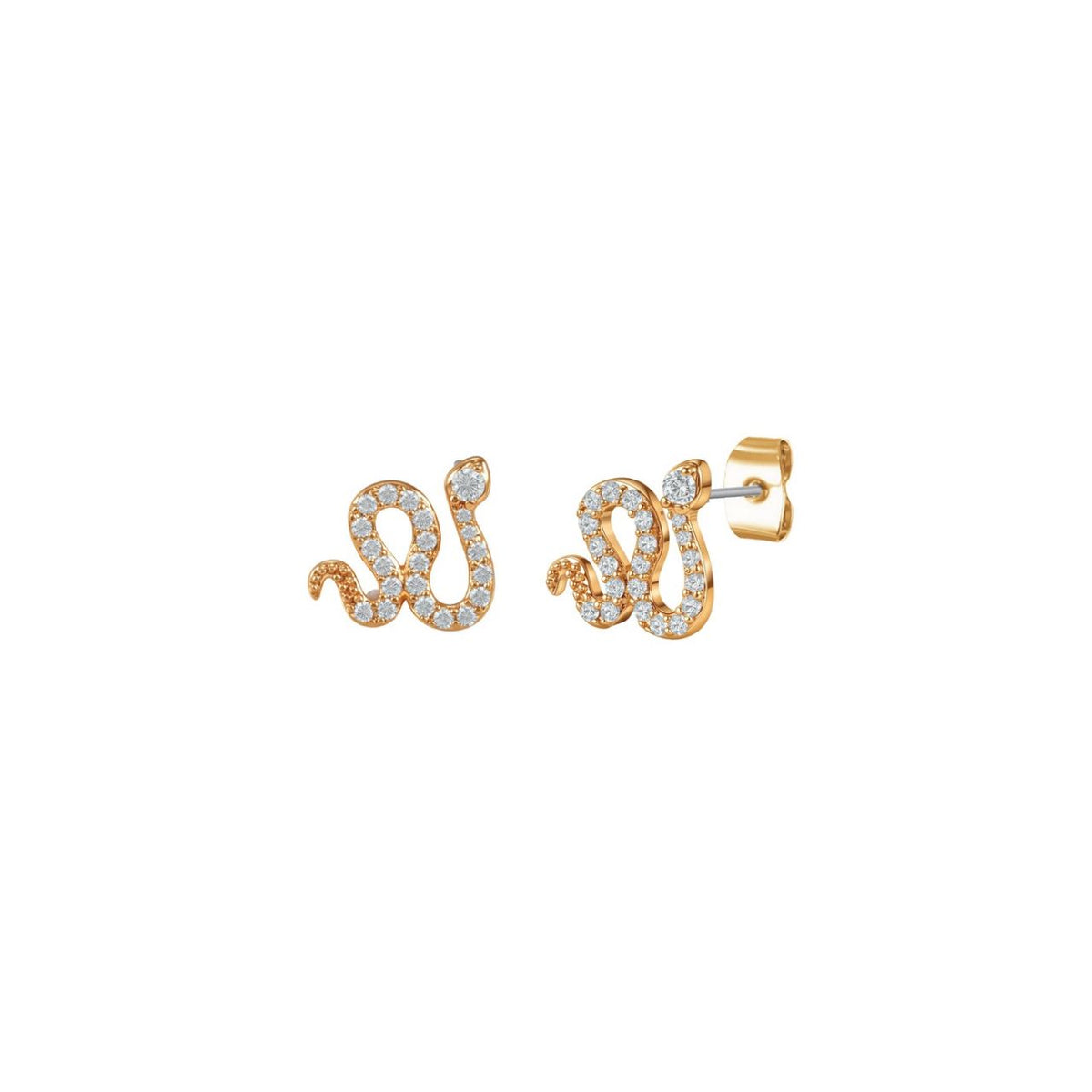 These small gold studs are shaped as a winding snake and set with clear stones. They add a subtle sparkle to any outfit and pair well with a matching snake pendant.