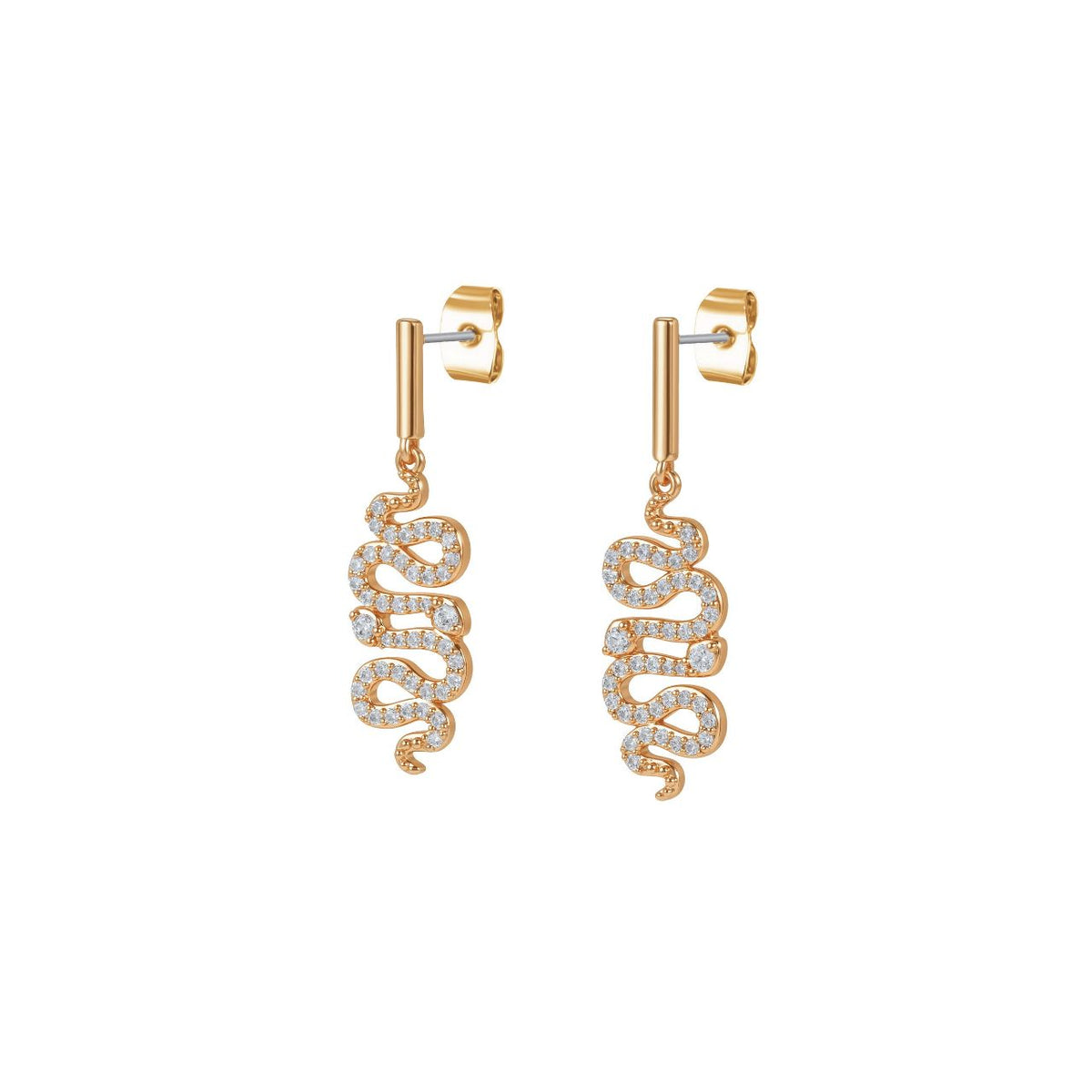 These gold earrings feature a winding snake set with clear stones, hanging from a polished bar. They add sparkle to an evening outfit and work well with a matching snake pendant. They secure with a butterfly back.
