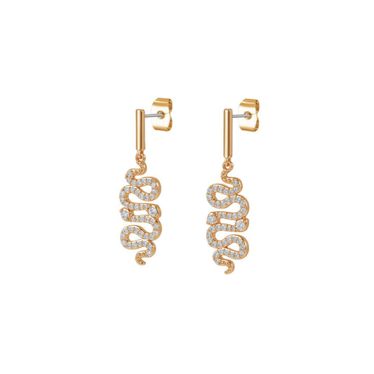 These gold earrings feature a winding snake set with clear stones, hanging from a polished bar. They add sparkle to an evening outfit and work well with a matching snake pendant. They secure with a butterfly back.