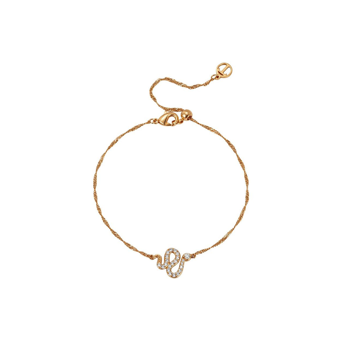 This fine gold bracelet features a twisted chain with a small snake set with clear stones. It is a delicate everyday piece that layers well with other bracelets. It secures with an adjustable lobster claw clasp. Presented in a beautifully detailed snake-themed gift box.
