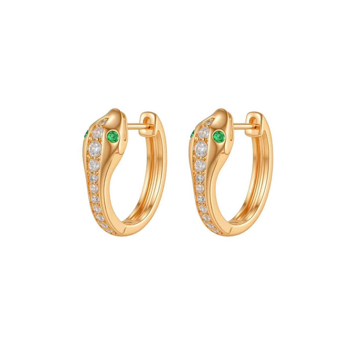 These gold huggie earrings are shaped as a snake set with a line of clear stones and finished with bright green eyes.