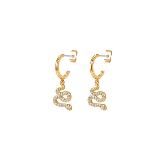 These gold huggie earrings hold a sparkling snake drop set with clear stones. Wear them on their own to lift a daytime outfit or pair them with a matching snake pendant for a coordinated look.
