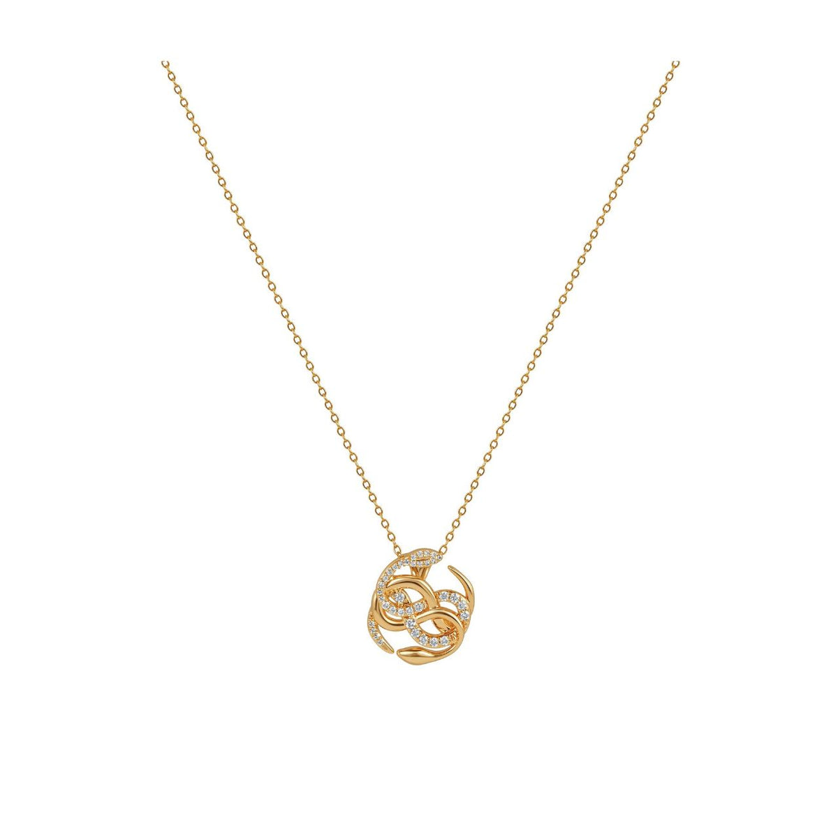 This gold Medusa pendant is made up of intertwined snakes, some polished and some set with clear stones. It makes a striking piece on its own and pairs well with other pieces from the Snake collection. It secures with a lobster claw clasp.