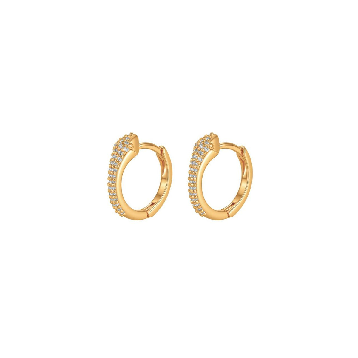 These gold mini huggie earrings are set with clear stones and finished with a small snake head at the top. They sit close to the ear, which makes them ideal for everyday wear. They secure with a hoop fastening.