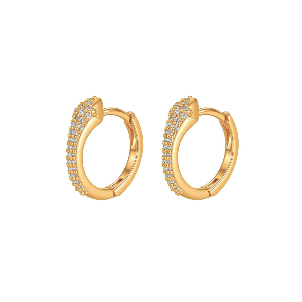 These gold mini huggie earrings are set with clear stones and finished with a small snake head at the top. They sit close to the ear, which makes them ideal for everyday wear. They secure with a hoop fastening.