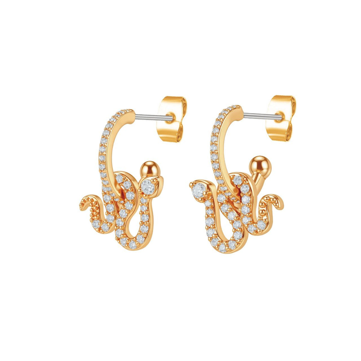 These gold mini huggie earrings are set with clear stones, with a sparkling snake wrapped around each hoop.