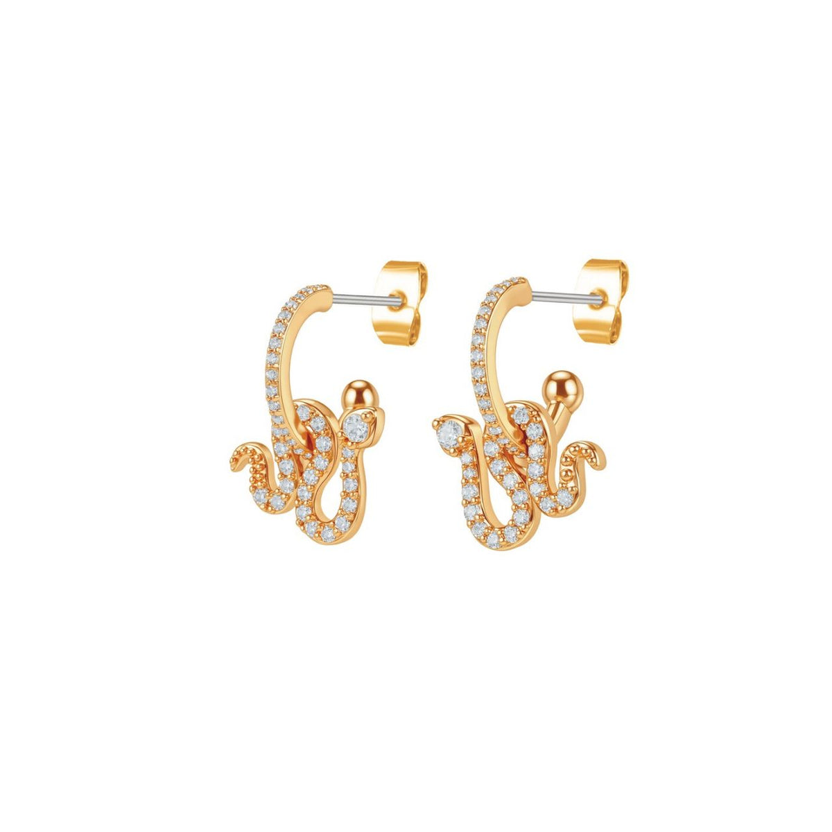 These gold mini huggie earrings are set with clear stones, with a sparkling snake wrapped around each hoop.